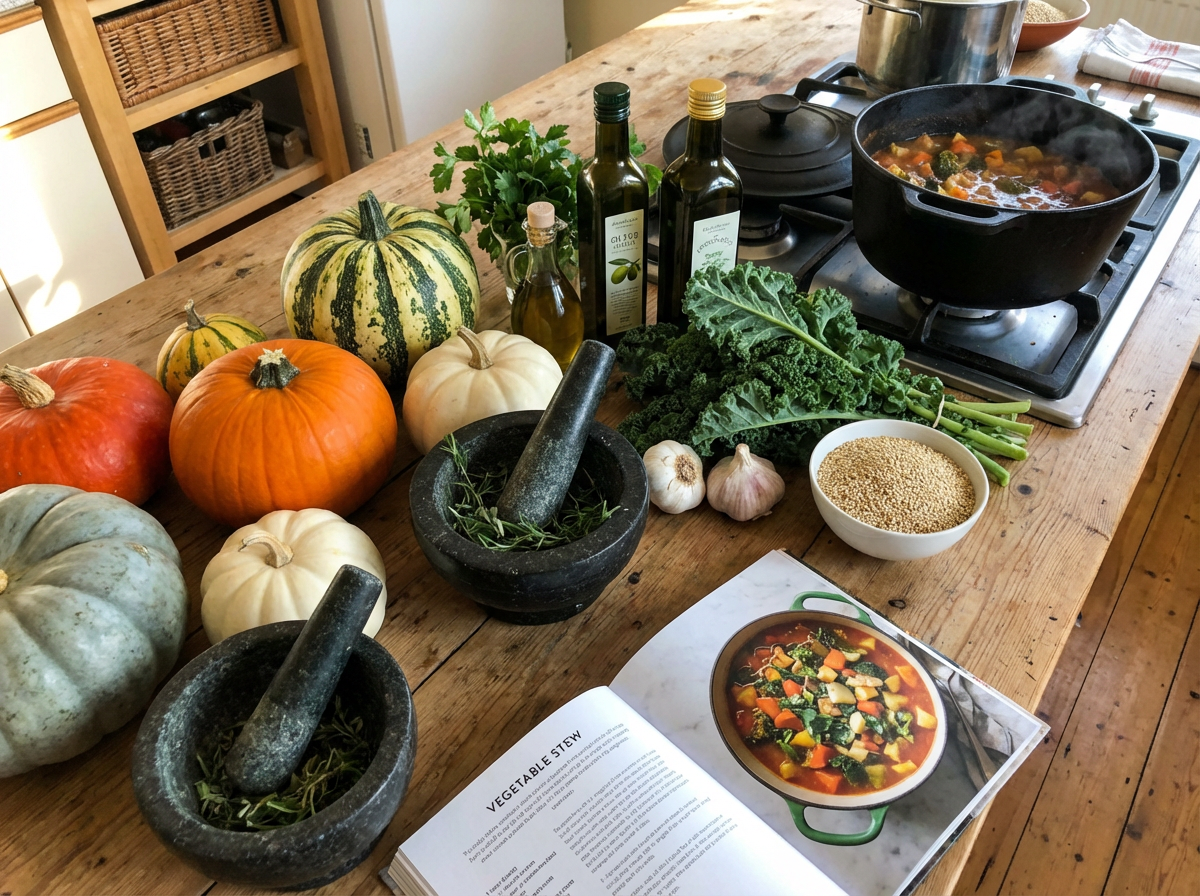 Fresh pumpkins, kale, and spices on a wooden counter next to a cookbook and simmering stew.
