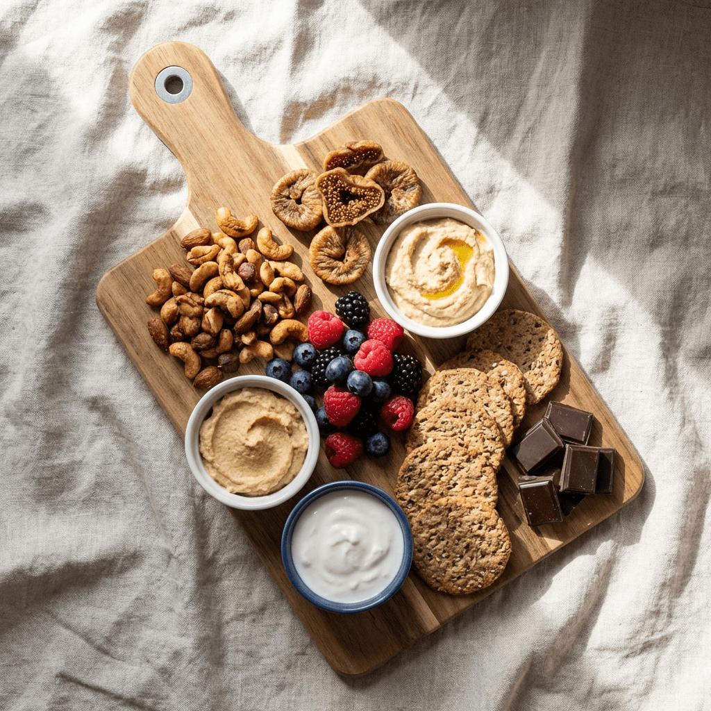 A wooden grazing board with nuts, dried figs, berries, crackers, chocolate, and various dips.