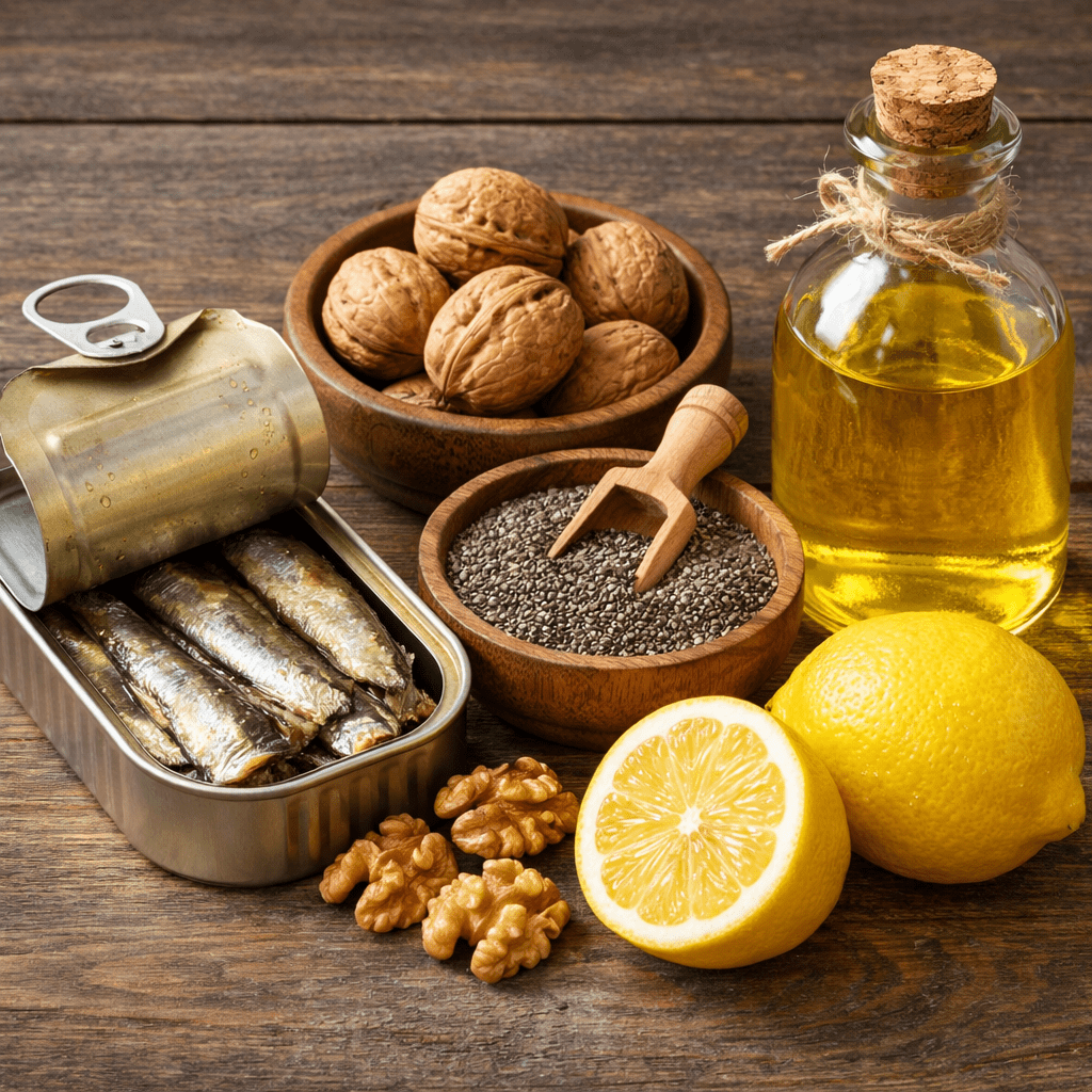 Canned sardines, walnuts in shell and unshelled, chia seeds in a bowl, lemons, and a bottle of oil on a wooden surface